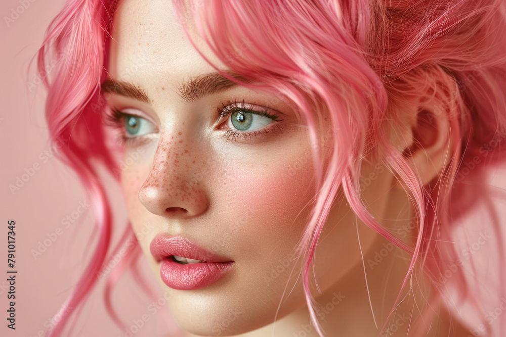 Beauty portrait of a young woman with pink hair