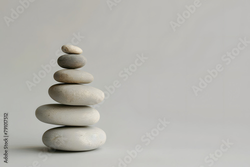 A single balanced pebble stack, symbolizing tranquility in yoga, isolated on a harmony grey background for International Yoga Day