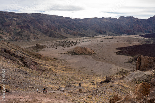 Tenerife, Spain - 04.12.2023: People hiking on volcanic rocks in Teide National Park, Canary Islands