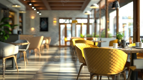 Cozy Modern Cafe Interior with Warm Sunlight and Comfortable Seating