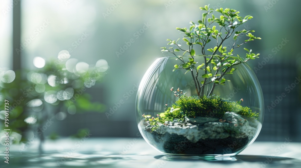 Tranquil Glass Terrarium with Lush Miniature Garden in Sunlight Tranquil Glass Terrarium with Lush Miniature Garden in Sunlight