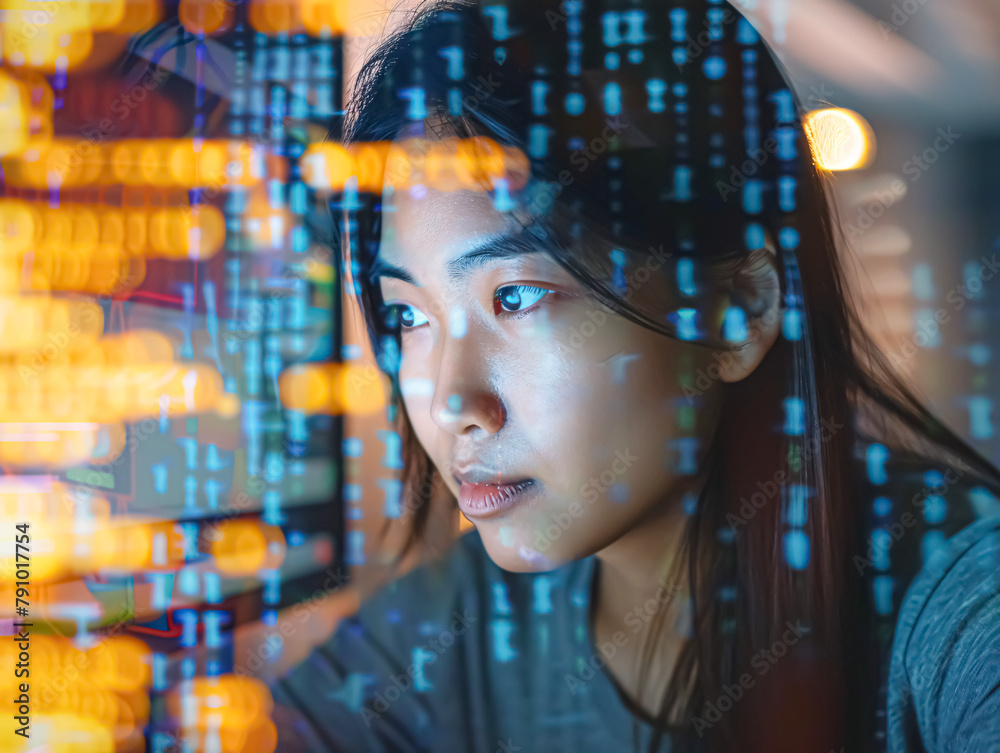 Portrait of Asian woman looking at computer screen with binary code.