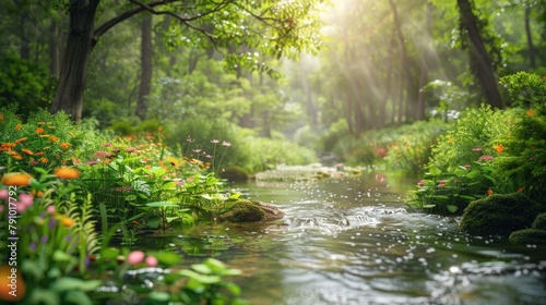 Enchanted Forest Stream in Sunlit Nature Oasis