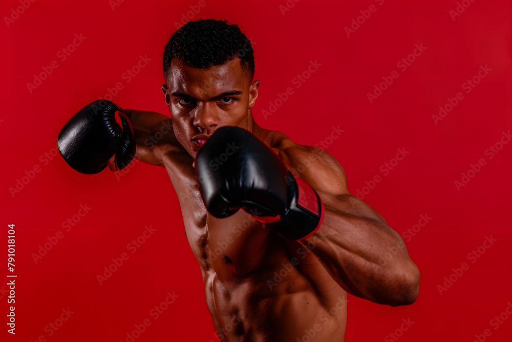 A boxer throwing a punch towards the camera, intense focus visible, isolated on a combat red background, capturing the spirit of athleticism and determination 
