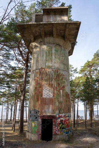 Liepaja, Latvia - 02.27.2023: Fire correction tower for coastal defence battery from below