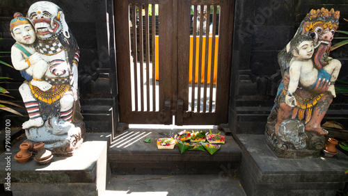 Bali MARCH 2024 - Traditional balinese handmade canang sari offering to gods on a street. Bali island. Indonesia.