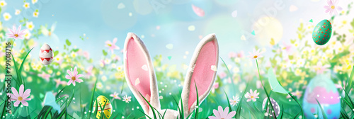 Easter banner with bunny ears, flowers and eggs. Vector illustration.