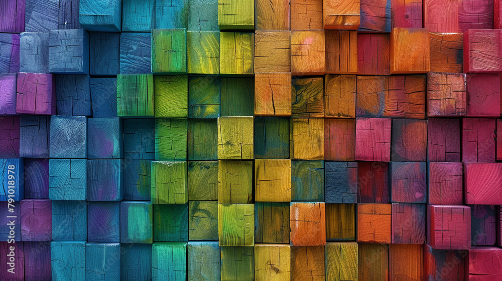 illustration of a mesmerizing abstract geometric rainbow-colored 3D wooden square cubes texture wal illustration of a mesmerizing abstract geometric rainbow-colored 3D wooden square cubes texture wal