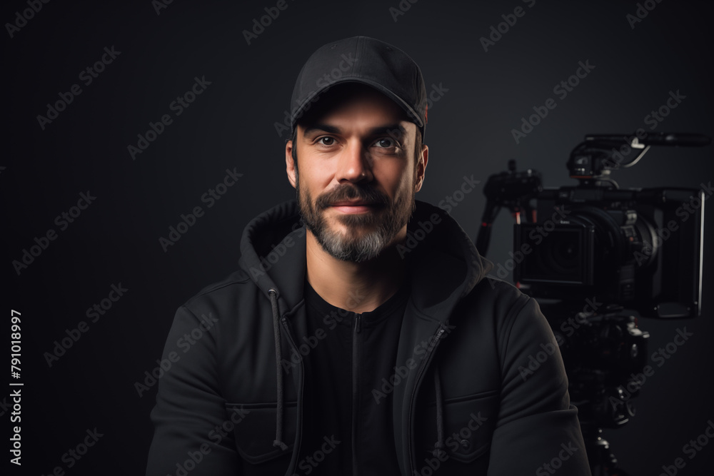 Film director in a cap, serious expression, studio portrait Film director in a cap, serious expression, studio portrait