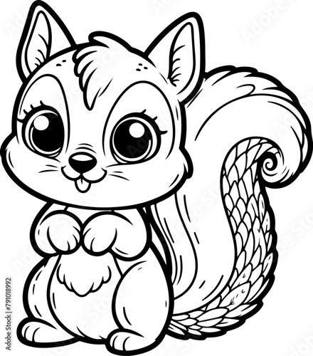 Squirrel black outline children coloring book illustration.