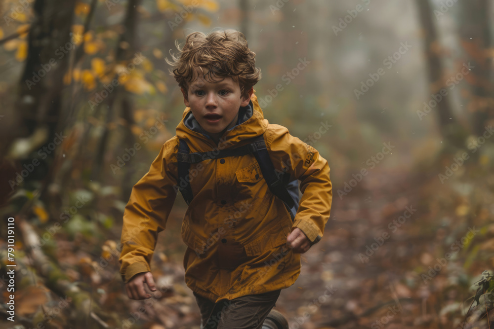 Frightened child boy runs through the forest Frightened child boy runs through the forest