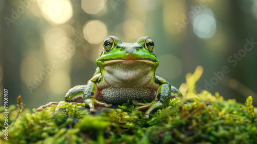 A mystical forest is home to singing frogs  green frog portrait