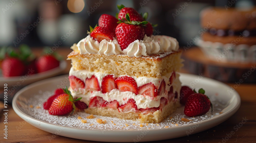Piece of strawberry shortcake on Plate Piece of strawberry shortcake on Plate