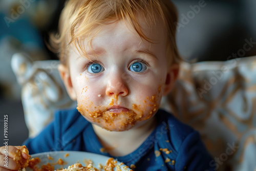 Child eats baby puree in a chair