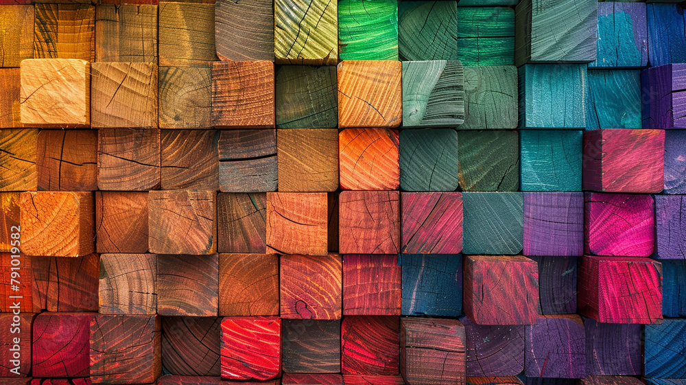 illustration of a mesmerizing abstract geometric rainbow-colored 3D wooden square cubes texture wal illustration of a mesmerizing abstract geometric rainbow-colored 3D wooden square cubes texture wal