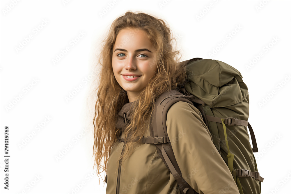 Young pretty blonde girl over isolated white background with mountaineer backpack Young pretty blonde girl over isolated white background with mountaineer backpack