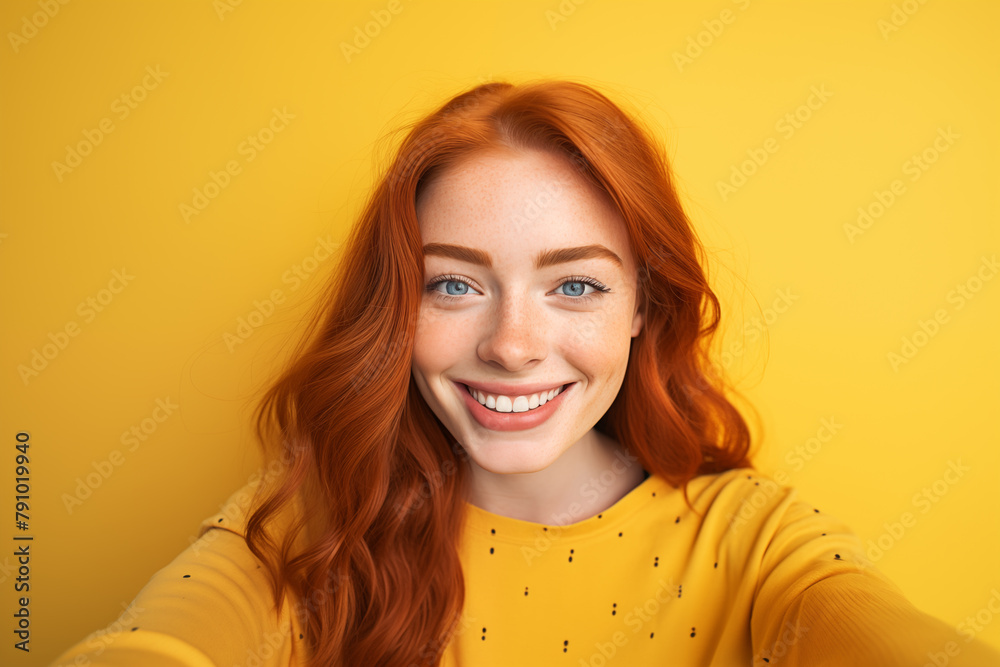 Young pretty Redhead girl over colorful background making a selfie Young pretty Redhead girl over colorful background making a selfie