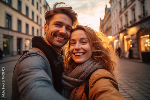 Young couple at outdoors making a selfie