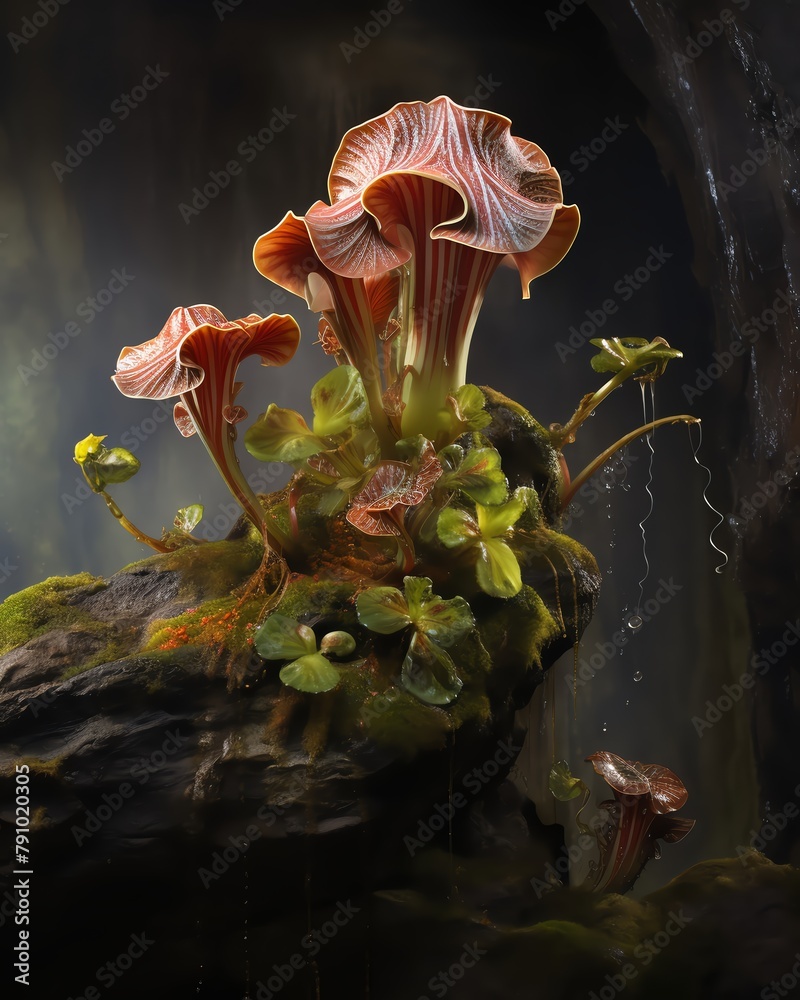 In a hidden crevice of a weathered rock face, a tiny wildflower defies the odds, its delicate bloom a testament to the tenacity of life 7 A pitcher plant, a cunning carnivore, unfurls its modified lea - obrazy, fototapety, plakaty 