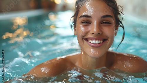 Happy woman smiles while swimming indoors showing the joy of water activities. Concept Water Activities  Indoor Swimming  Joyful Moments  Female Smiles