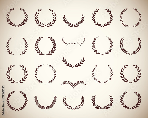 Set of different vintage silhouette laurel foliate, olive, oak and wheat wreaths depicting an award, achievement, heraldry, nobility, emblem. Vector illustration.
