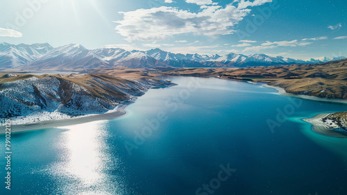 Lake Tekapo, Neuseeland, Drohnenbilder über dem See mit Bergpanorama der Southern Alps, Landschaften und Pflanzen zu unterschiedlichen Tages- und Jahreszeiten. Generative KI. photo