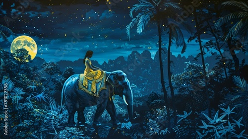 rosary painting of a princess riding an elephant in the jungle at night with moon and stars