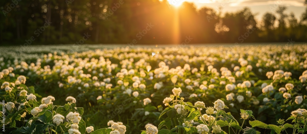 A potato field in full bloom with sunlight filtering through the trees in the background.