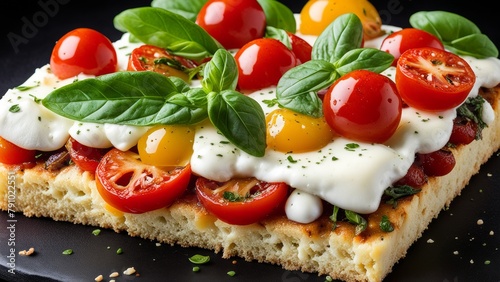 A piece of focaccia with pickled cherry tomatoes, mozzarella balls and sprigs of fresh basil.