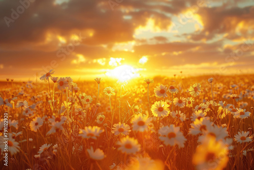 Summer spring landscape daisy field at sunset or dawn