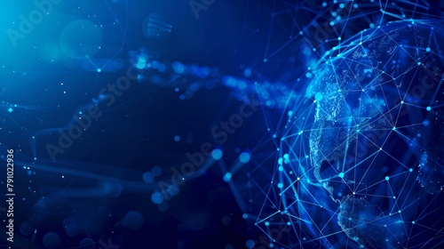 Abstract technology background with connecting dots and lines. Blue digital network visualization. Ideal for computing or telecommunication. AI