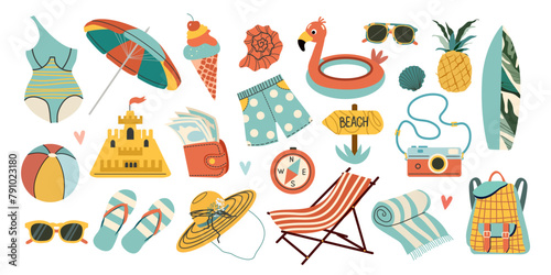 Set of summer stickers. Icons for tropical vacation. Seasonal elements collection. Icons, signs, banners. Bright summertime poster. 