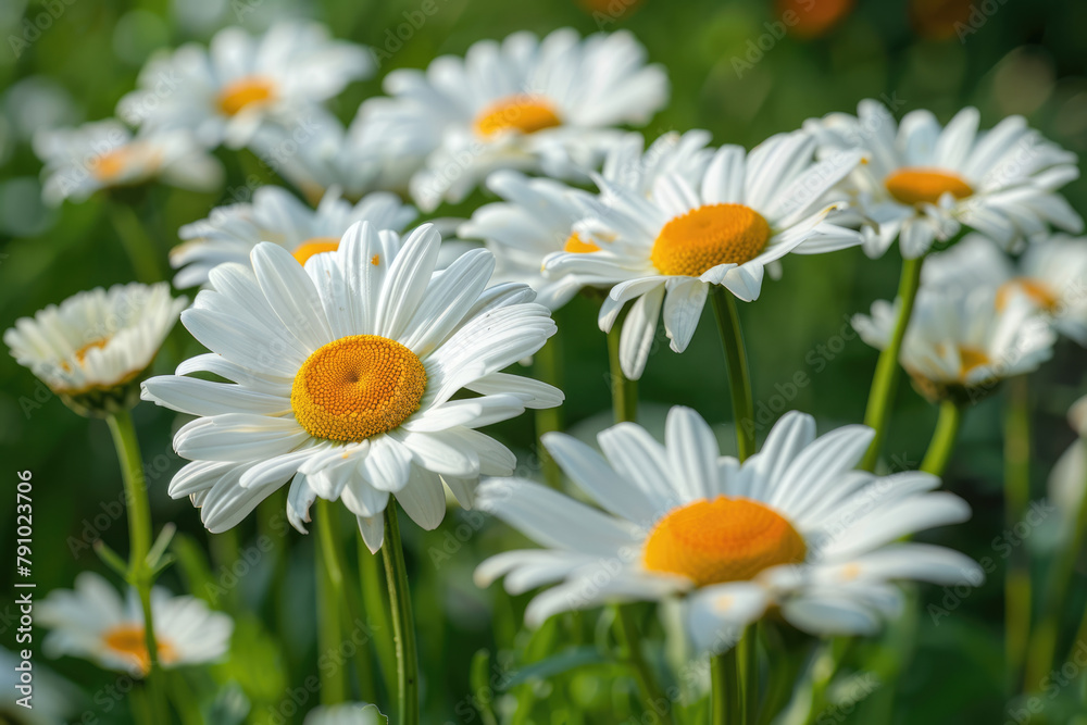 Field of daisies in a clearing, selective focus