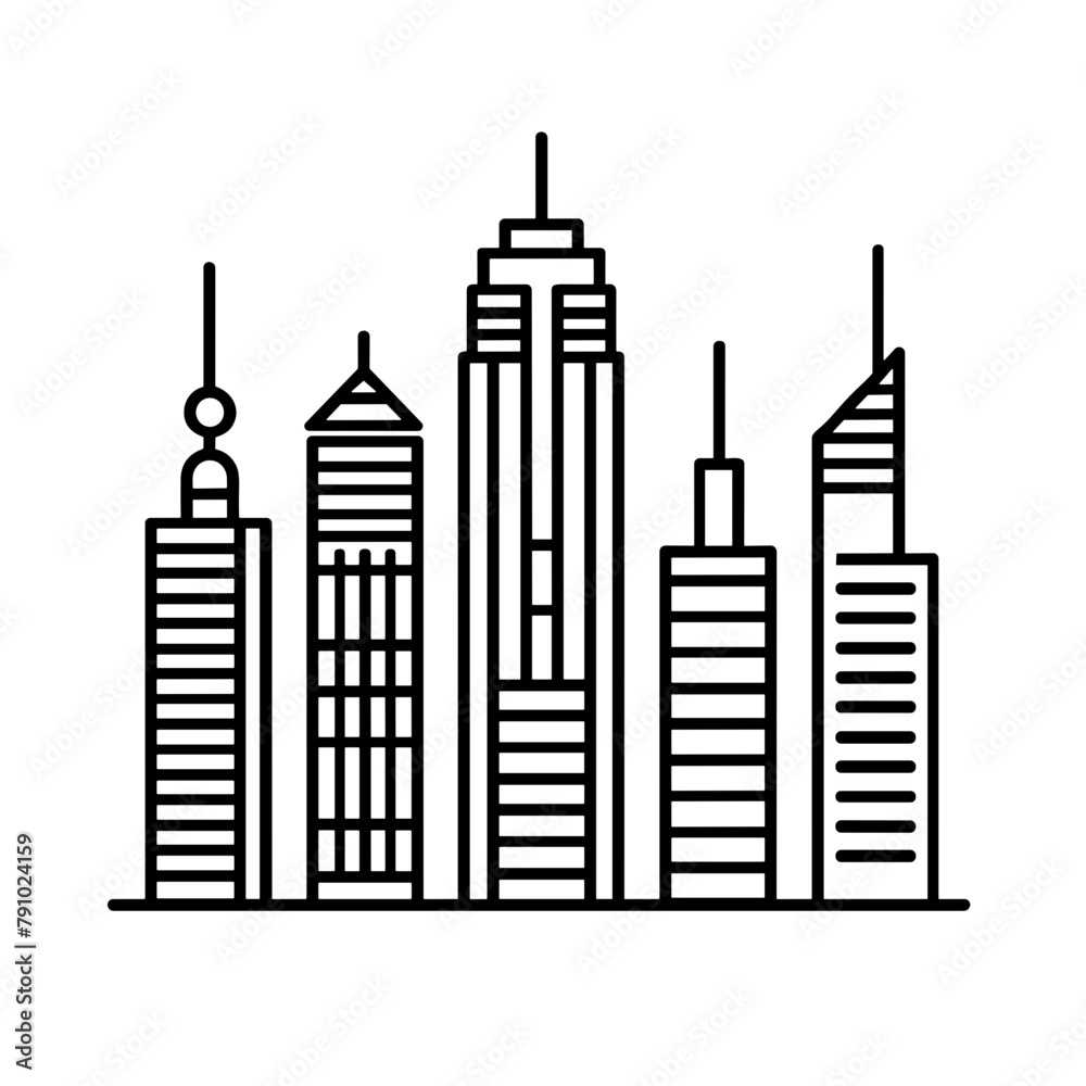Fototapeta premium City Skyline Icon, Black Line Drawing, Urban Landscape Symbol