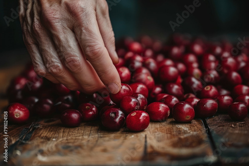 A hand grabbing coffee cherry from a pile on the table