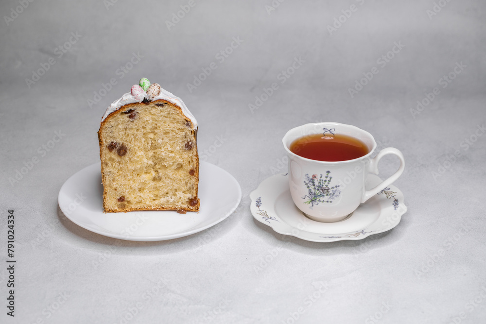 Cross-section of Easter cake and a cup of tea Cross-section of Easter cake and a cup of tea