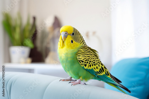 Beautiful budgerigar on sofa in room, close up