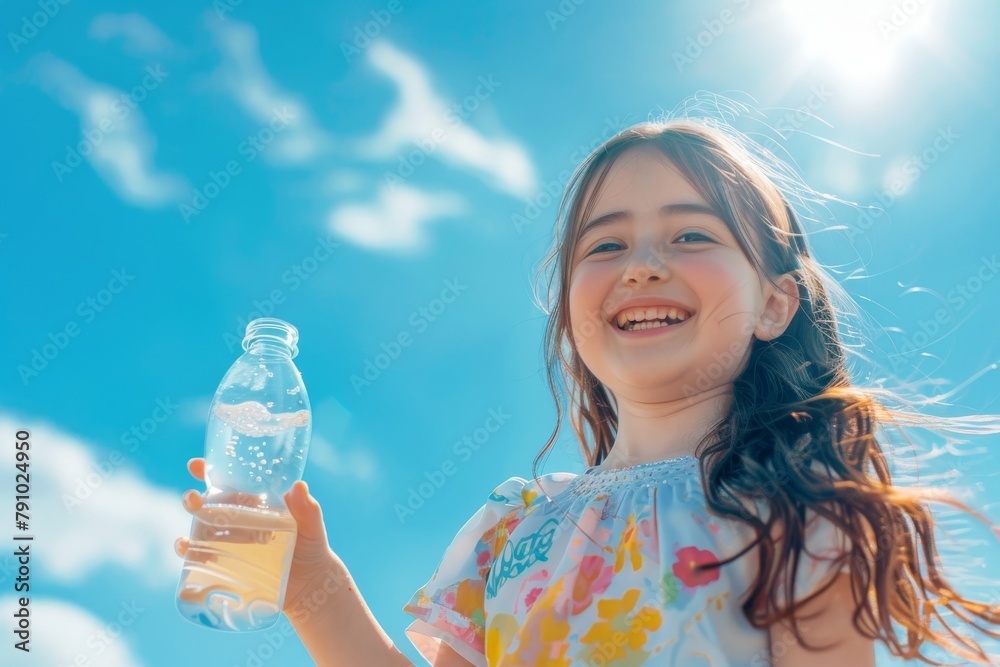Happy Girl Holds a Bottle, Girl Smiles Happily on Blue Sky Background, Bottle of Water in Hot Day Happy Girl Holds a Bottle, Girl Smiles Happily on Blue Sky Background, Bottle of Water in Hot Day