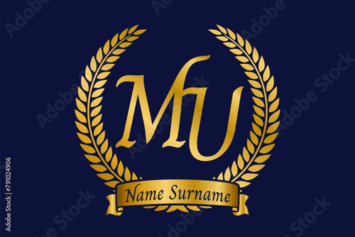 Initial letter M and U, MU monogram logo design with laurel wreath. Luxury golden calligraphy font. photo