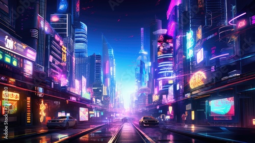 The picture of the neon night time futuristic cyberpunk scifi metropolis yet bright with neon light that fill everywhere of metropolis and fill with tall building and long roadway at night. AIGX01.