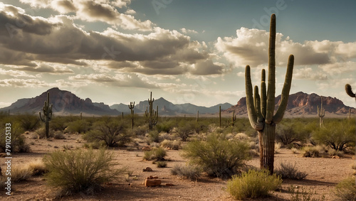Arid desert landscape with cacti and mountains in the background