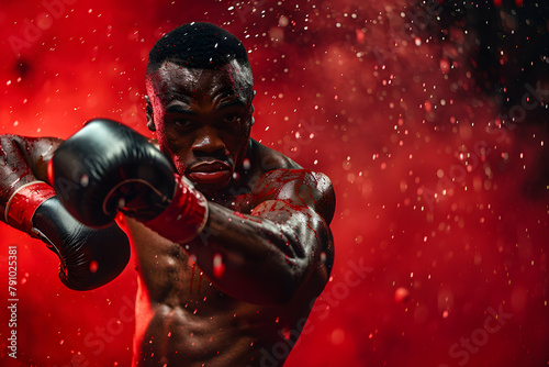 A boxer throwing a punch towards the camera, intense focus visible, isolated on a combat red background, capturing the spirit of athleticism and determination