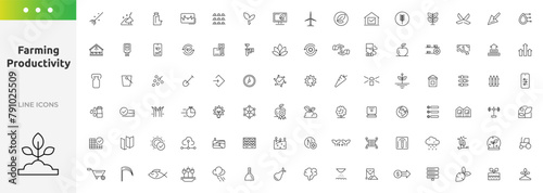 Farming productivity icons set. Agricultural business, harvest. UI flat icons collection. Outline icon collection. Thin outline icons pack