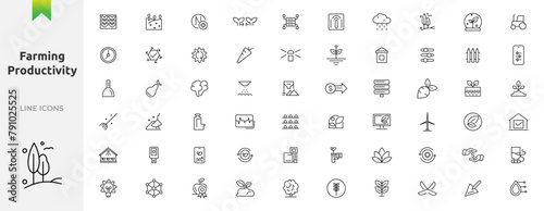 Farming productivity icons set. Agricultural business, harvest. UI flat icons collection. Outline icon collection. Thin outline icons pack
