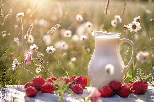 Jug of fresh milk and a variety of ripe fruits on the background of a lush summer field
