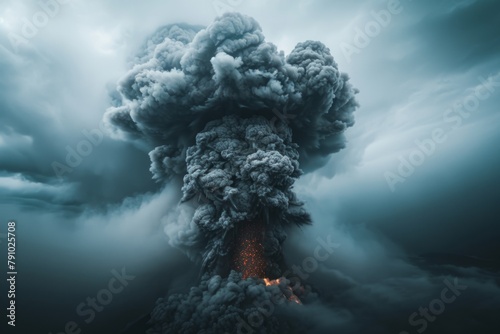 Volcanic eruption volcano erupting with smoke ashes old mountain peak sky covered with fumes natural disaster catastrophe exploding explosion national park lava photo