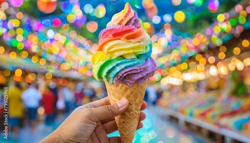 Scoop of Happiness: Hand Holding Rainbow Ice Cream at the Fun Fair
