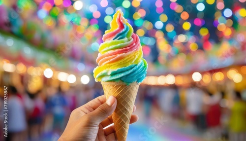 Sweet Swirls of Fun: Handheld Rainbow Ice Cream at the Fairground