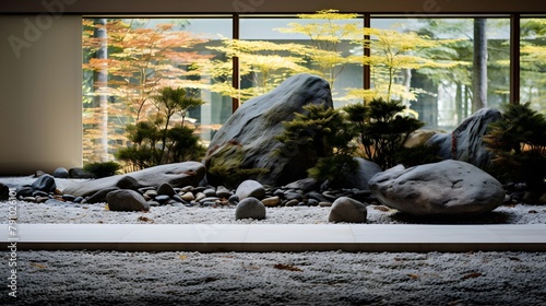 Japanese garden with a stone in the foreground and a blurred background.