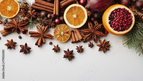 A white table is adorned with oranges, cinnamons, and star anise spices